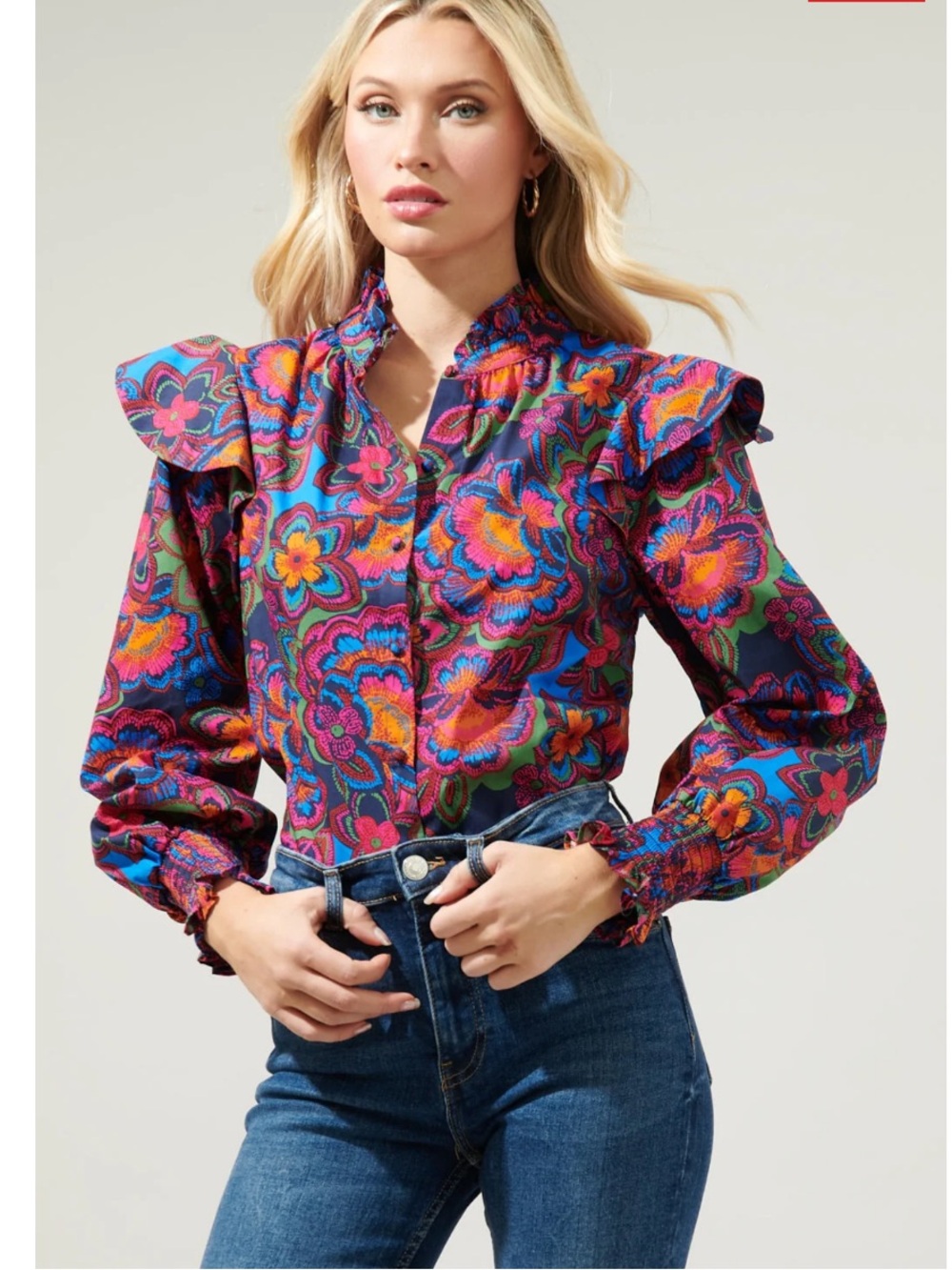 SUGARLIPS Vibrant Multi-Colored Floral Ruffle Shoulder Blouse